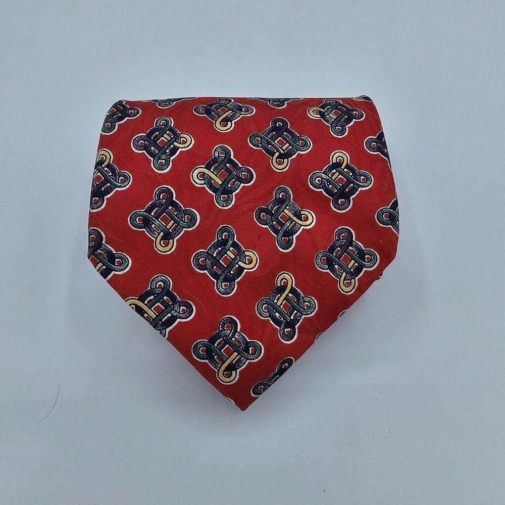 Mens Necktie 100% Silk bass vintage, Size 56 By 4 Inches, Red Geometric Style